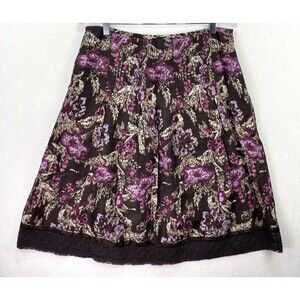 Ann Taylor LOFT Womens 10 Floral Lace Trim Midi Skirt Linen Silk A-Line Lined